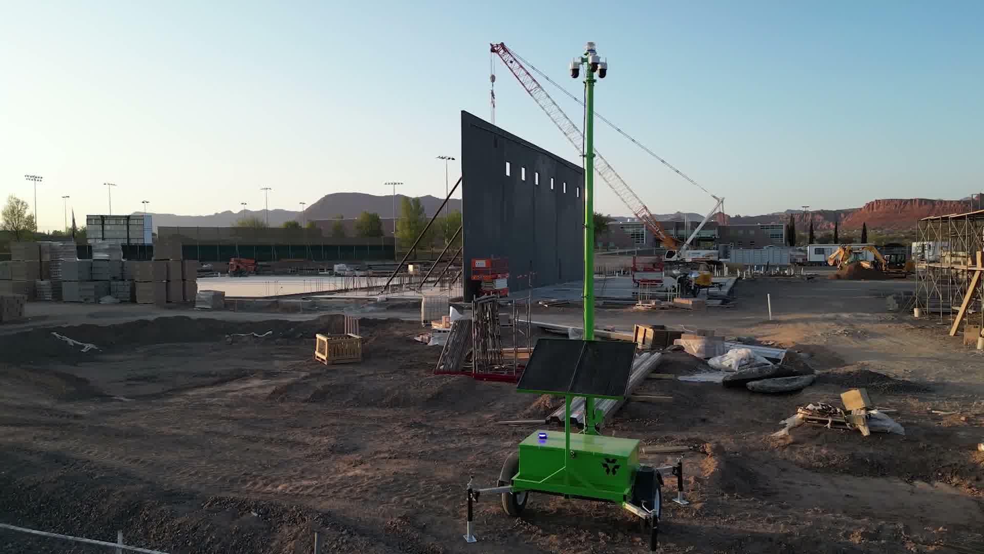 Remote monitoring view of a jobsite security camera trailer at dusk