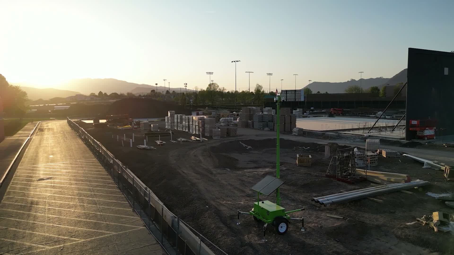 Wide perimeter view of a construction site protected by Anasazi Security camera trailers